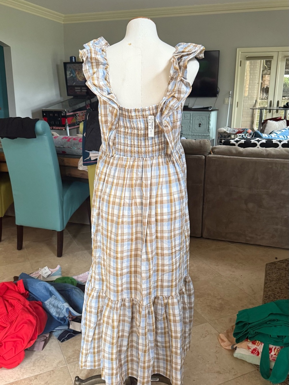 NWT Madewell Plaid Ruffle Strap Maxi Dress - White and Tan - Picture 2 of 3